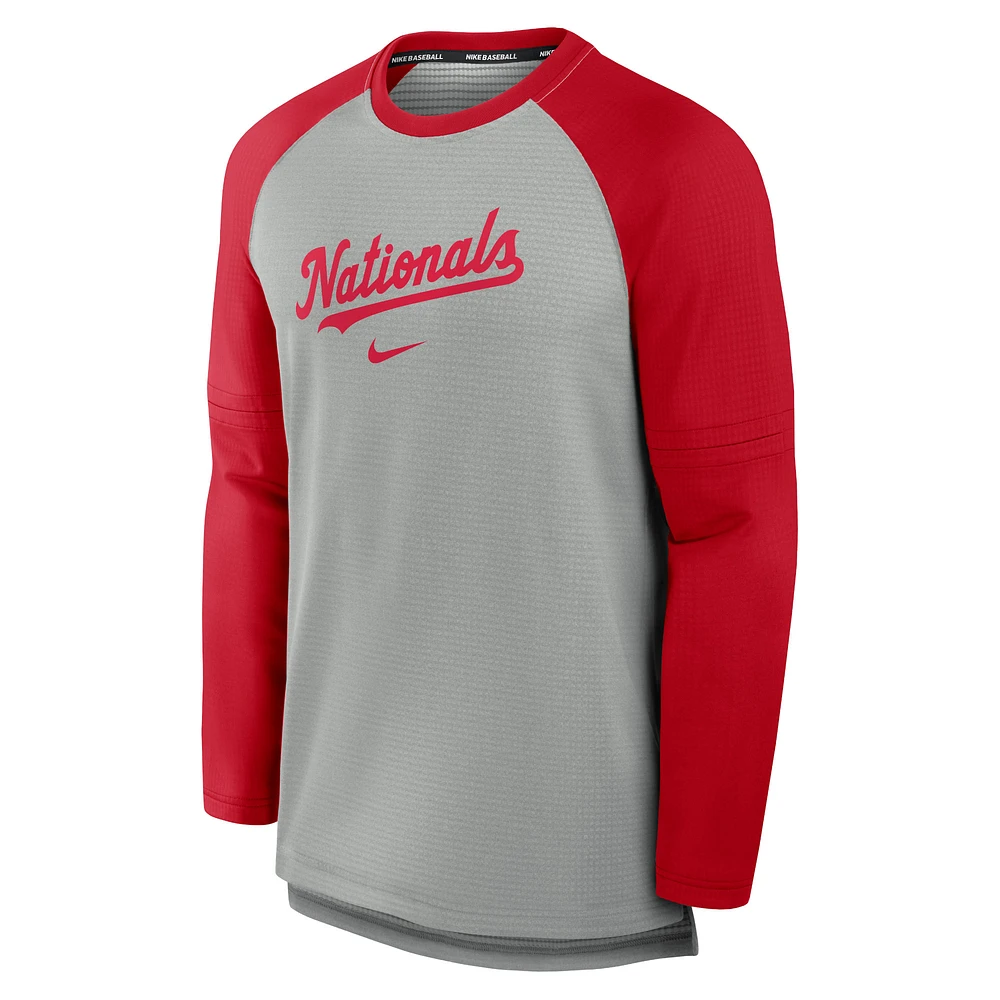 Men's Nike Heather Gray/Red Washington Nationals Authentic Collection Game Time Raglan Performance Long Sleeve T-Shirt