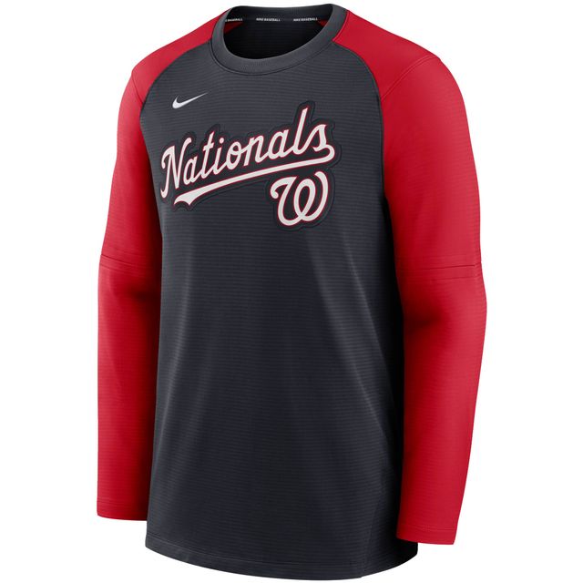 Sweat-shirt à enfiler raglan Nike pour homme, bleu marine/rouge, collection authentique des Nationals de Washington, Performance d'avant-match