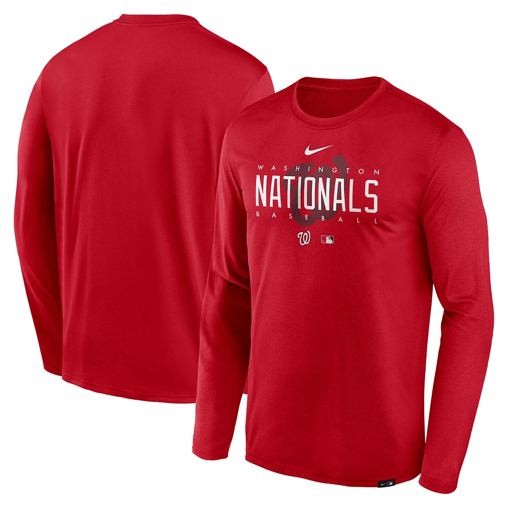 T-shirt à manches longues Performance Nike Nationals de Washington Authentic Collection pour homme avec logo l'équipe, rouge