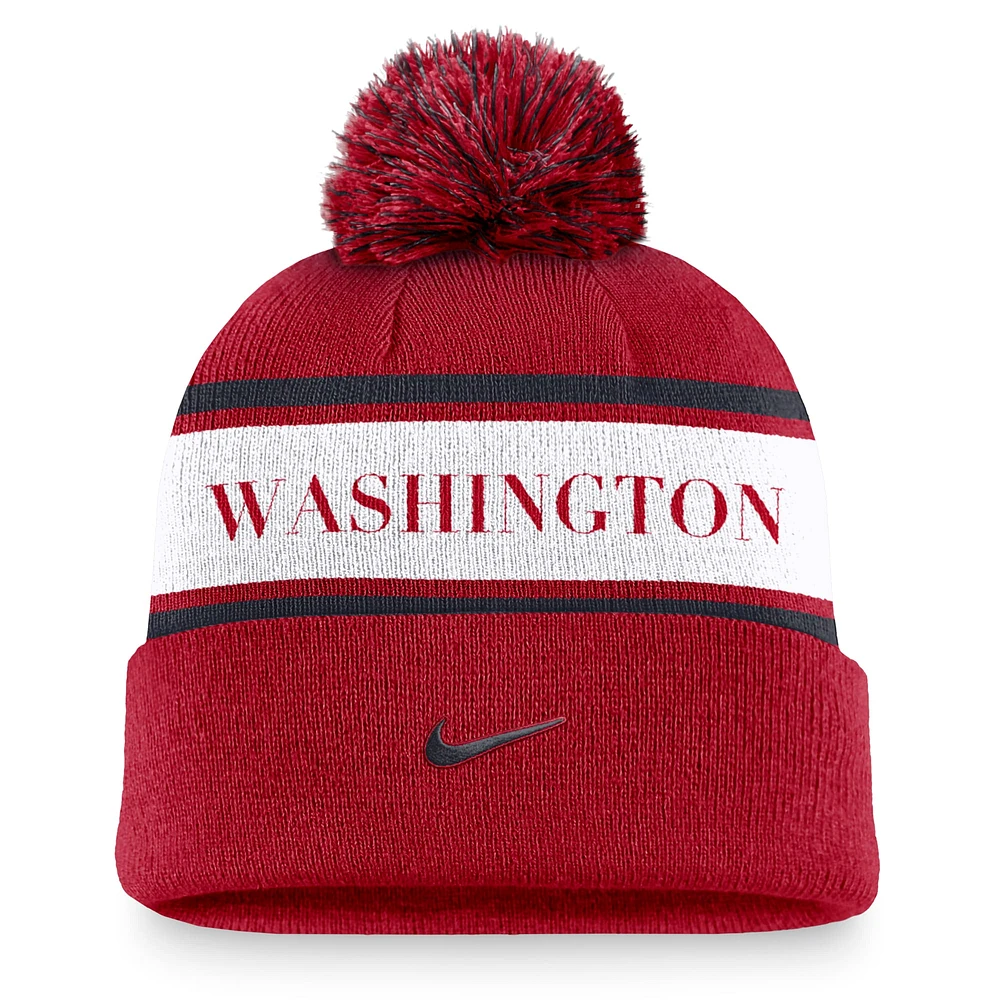 Men's Nike Red Washington Nationals Team Stripe Peak Cuffed Knit Hat with Pom