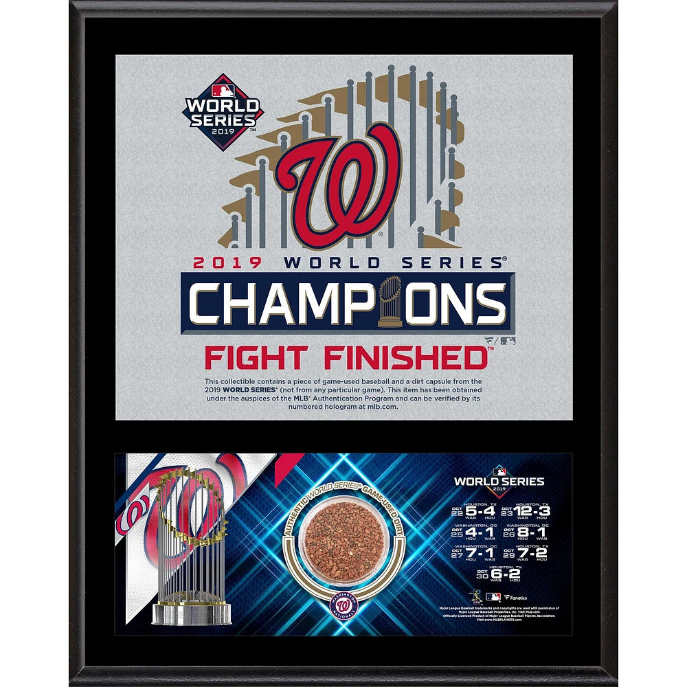 Plaque sublimée des champions de la Série mondiale 2019 des Nationals de Washington 12" x 15" avec une capsule de terre de la Série mondiale utilisée lors du match