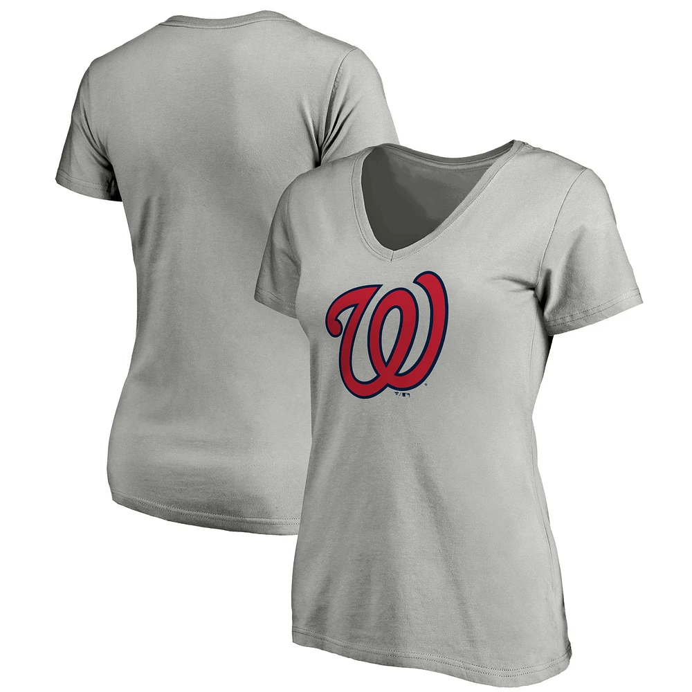 Women's Fanatics Heathered Gray Washington Nationals Core Official Logo V-Neck T-Shirt