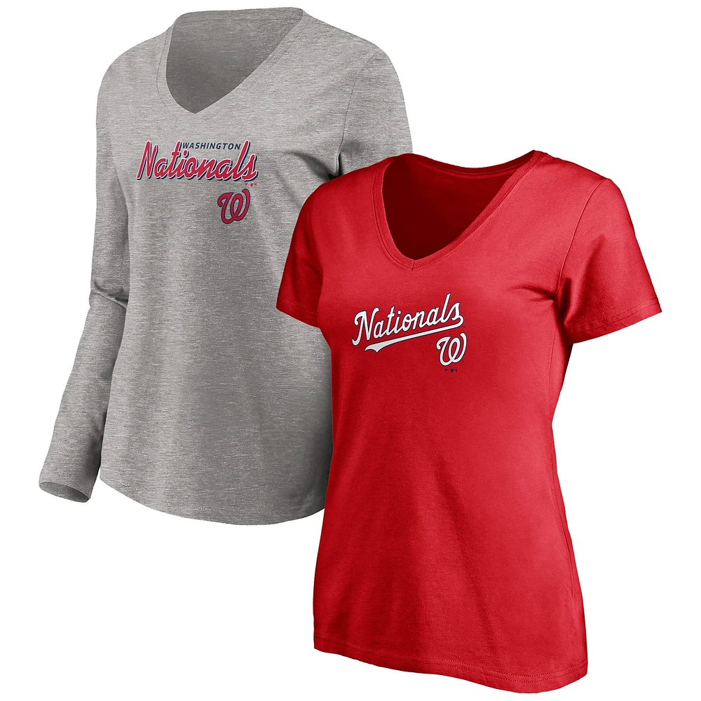 Women's Fanatics Red/Heathered Gray Washington Nationals Team V-Neck T-Shirt Combo Set