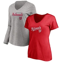 Ensemble combiné de t-shirts à col en V l'équipe des Nationals Washington Fanatics rouge/gris chiné pour femmes