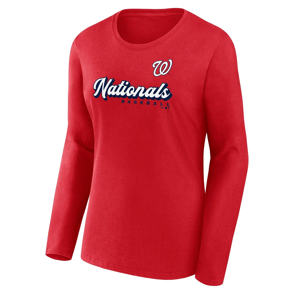 Women's Fanatics Red Washington Nationals Run The Bases Long Sleeve T-Shirt & Cuffed Knit Hat with Pom Combo Set