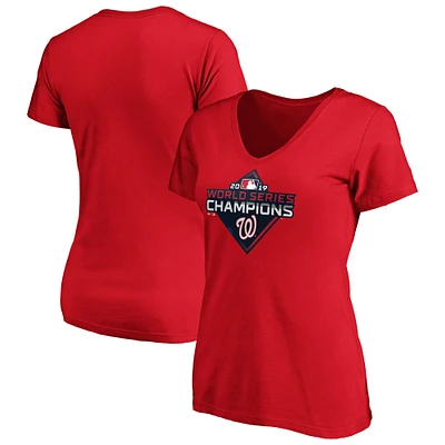 Women's Majestic Red Washington Nationals 2019 World Series Champions Logo V-Neck T-Shirt