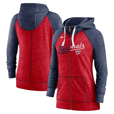 Women's Nike Heather Red/Heather Navy Washington Nationals Split Wordmark Gym Vintage Raglan Lightweight Full-Zip Hoodie