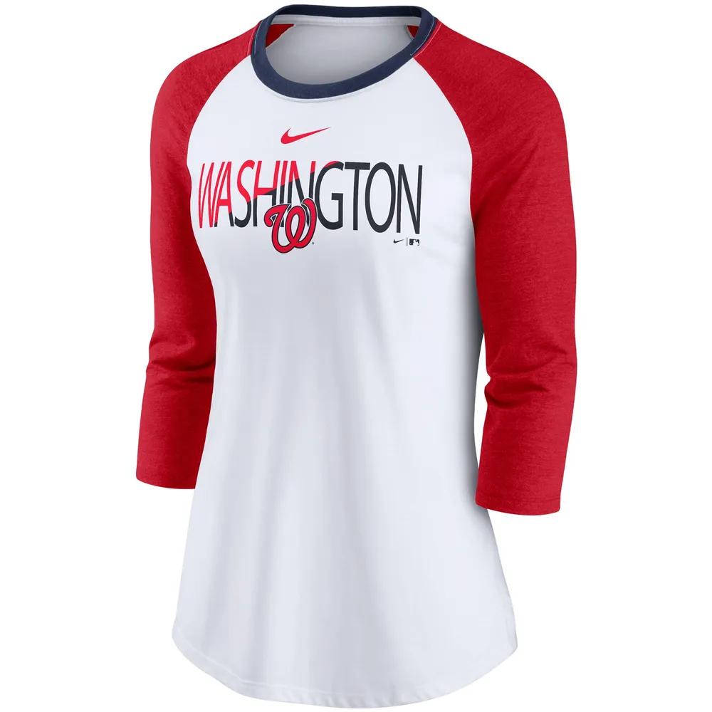 Women's Nike White/Heathered Red Washington Nationals Color Split Tri-Blend 3/4-Sleeve Raglan T-Shirt