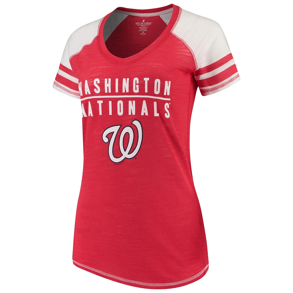 T-shirt à col en V color block pour femmes, doux comme un raisin, rouge Washington Nationals