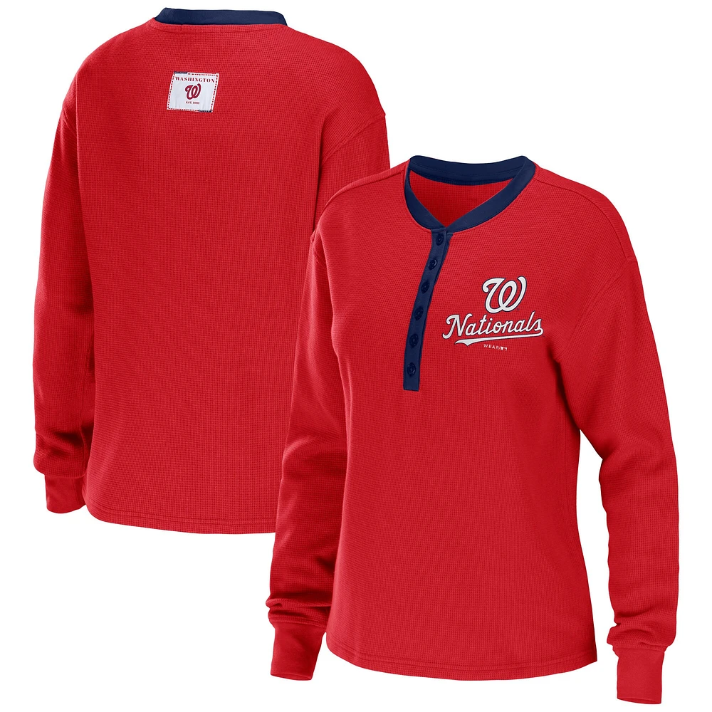 WEAR by Erin Andrews T-shirt rouge à manches longues Waffle Henley des Nationals de Washington pour femmes