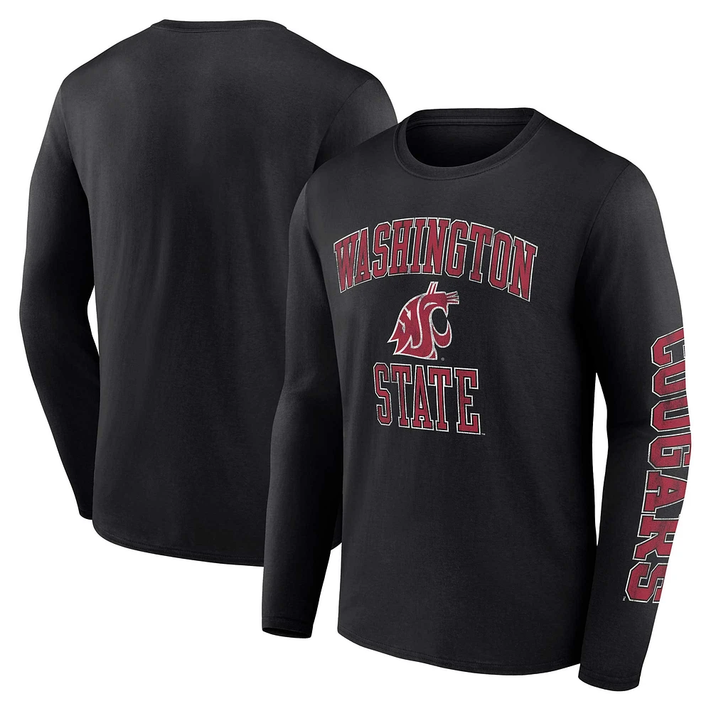 Men's Fanatics Black Washington State Cougars Distressed Arch Over Logo Long Sleeve T-Shirt