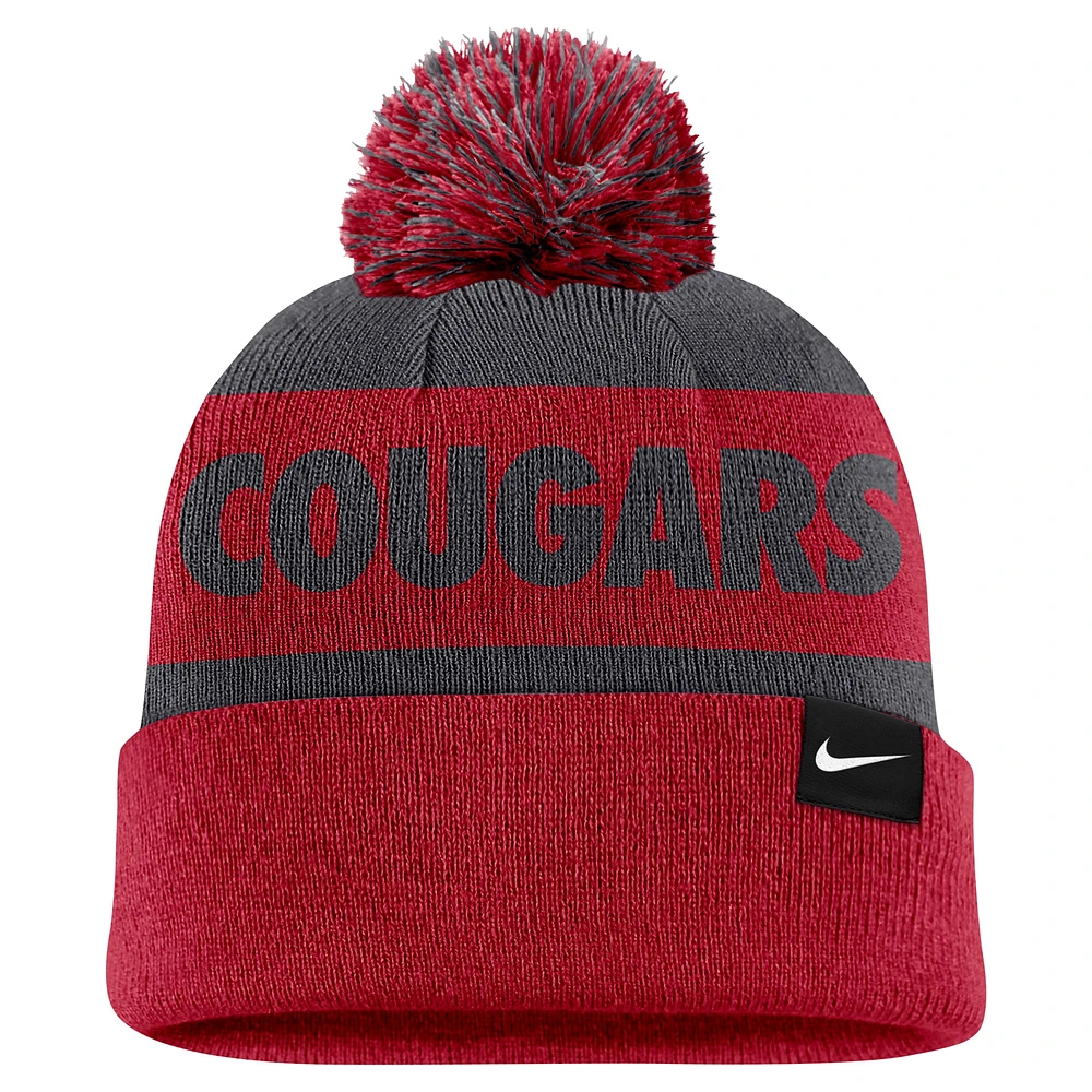 Men's Nike Charcoal/Crimson Washington State Cougars Peak Stripe Cuffed Knit Hat with Pom