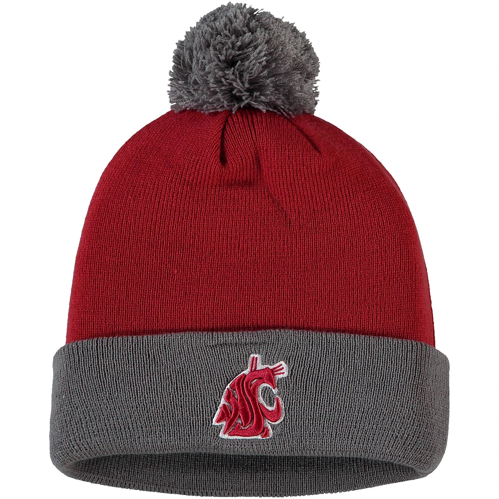 Bonnet pour homme Top of the World Crimson/Gris Washington State Cougars Core 2 tons à revers avec pompon