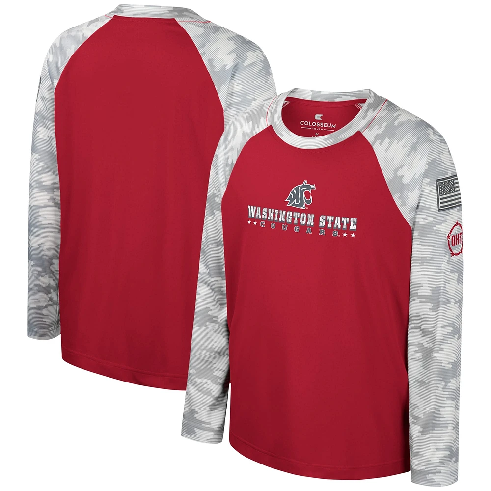 Youth Colosseum Crimson/Camo Washington State Cougars OHT Military Appreciation Dark Star Raglan Long Sleeve T-Shirt