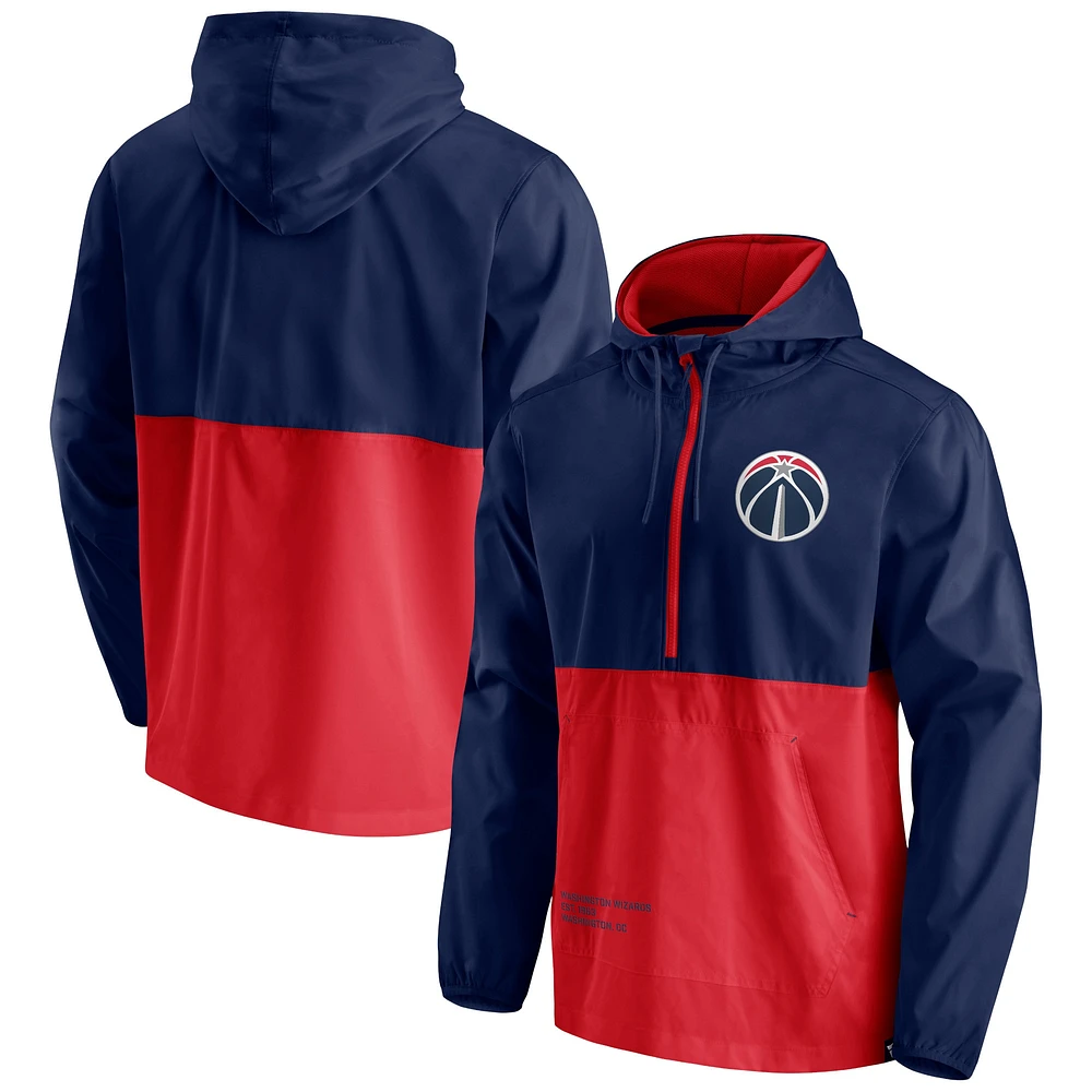 Men's Fanatics Navy/Red Washington Wizards Anorak Block Party Windbreaker Half-Zip Hoodie Jacket