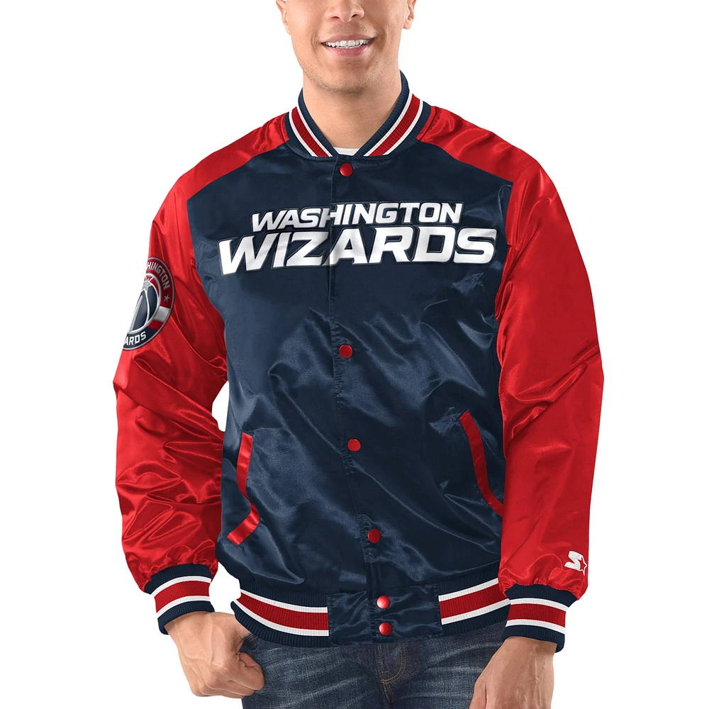 Veste universitaire à bouton-pression en satin Starter pour hommes, bleu marine/rouge, Washington Wizards Renegade