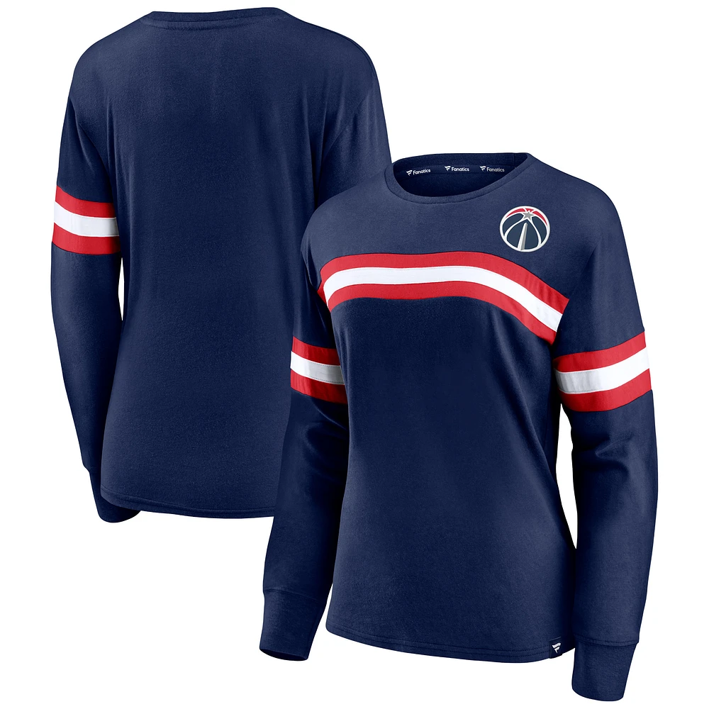 T-shirt à manches longues rayé avec logo sur la poitrine Fanatics Navy Washington Wizards Block Party pour femmes