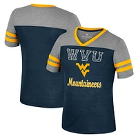 T-shirt d'été rayé à col en V pour filles Colosseum bleu marine/gris chiné West Virginia Mountaineers