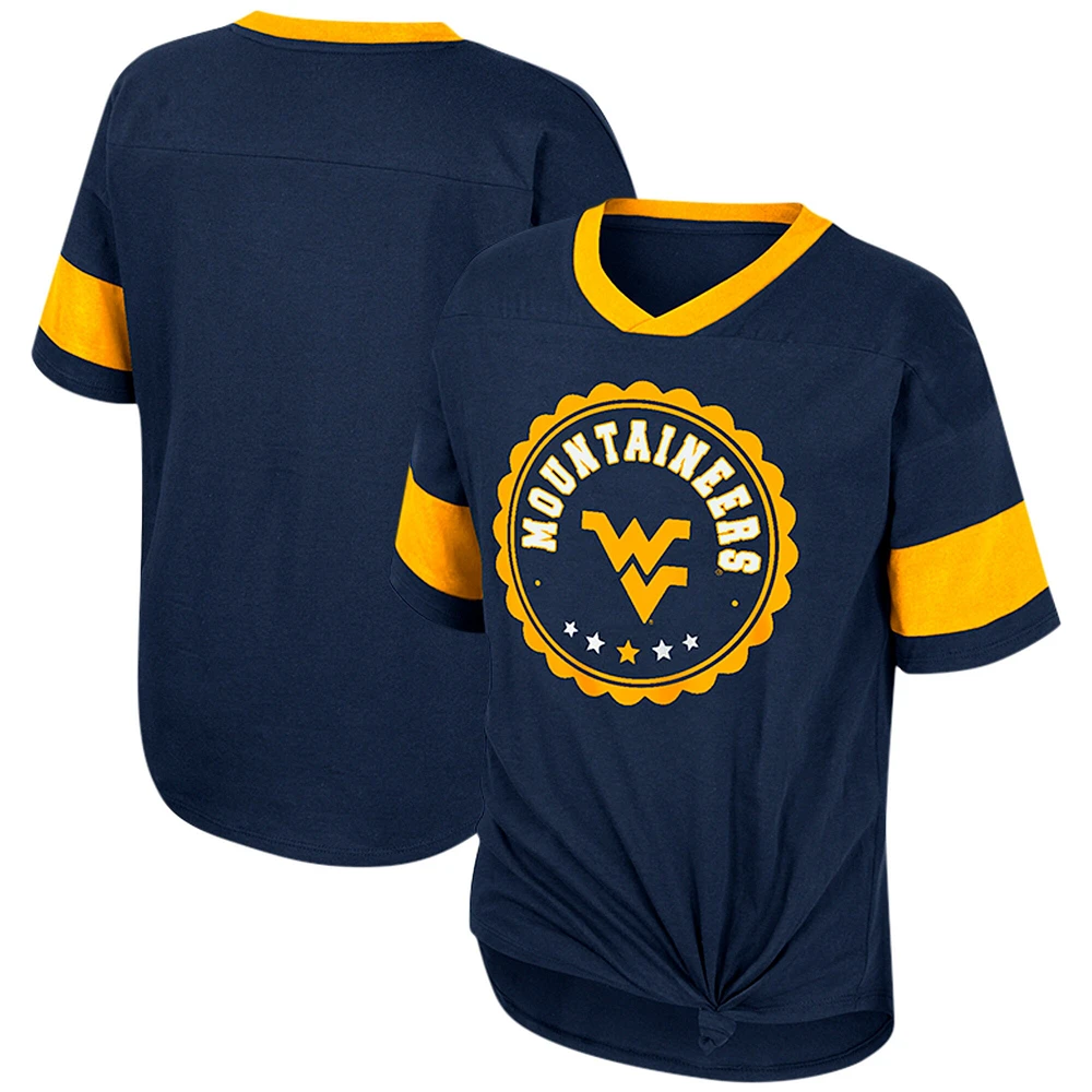 T-shirt Tomika à col en V noué sur le devant pour filles Colosseum Navy West Virginia Mountaineers