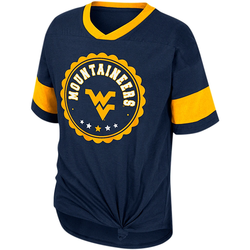 T-shirt Tomika à col en V noué sur le devant pour filles Colosseum Navy West Virginia Mountaineers