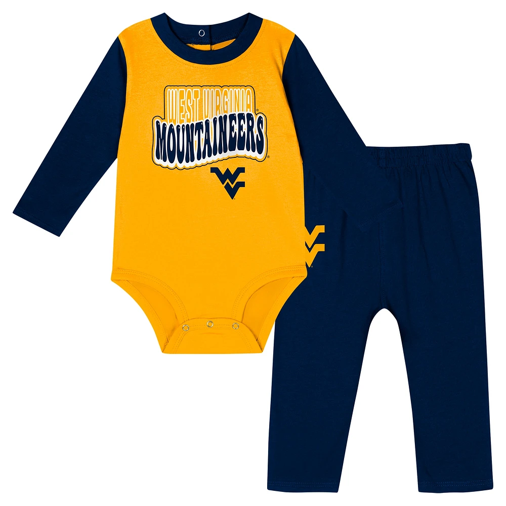 Infant Navy West Virginia Mountaineers Double Up Long Sleeve Bodysuit & Pant Set