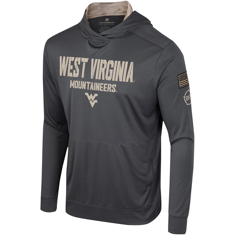 T-shirt à capuche manches longues pour hommes Colosseum Charcoal West Virginia Mountaineers OHT Military Appréciation