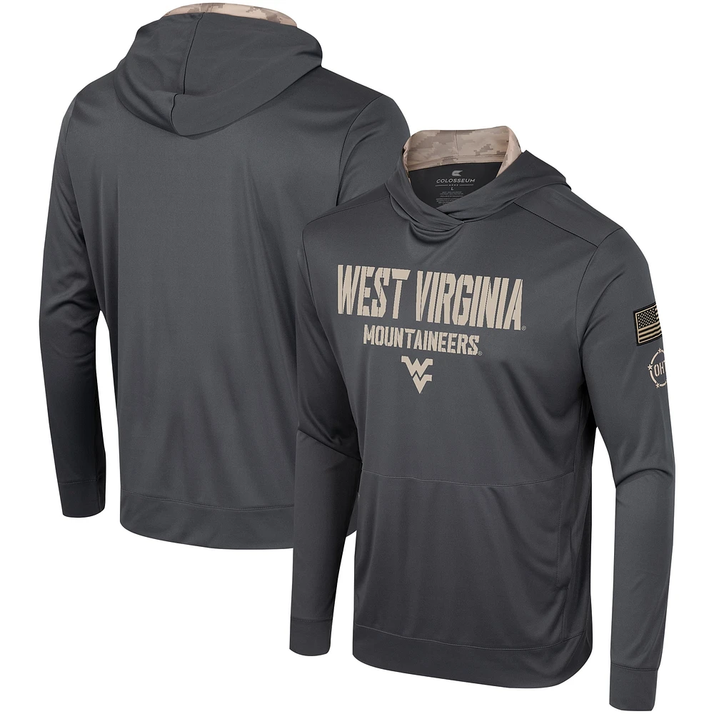 T-shirt à capuche manches longues pour hommes Colosseum Charcoal West Virginia Mountaineers OHT Military Appréciation