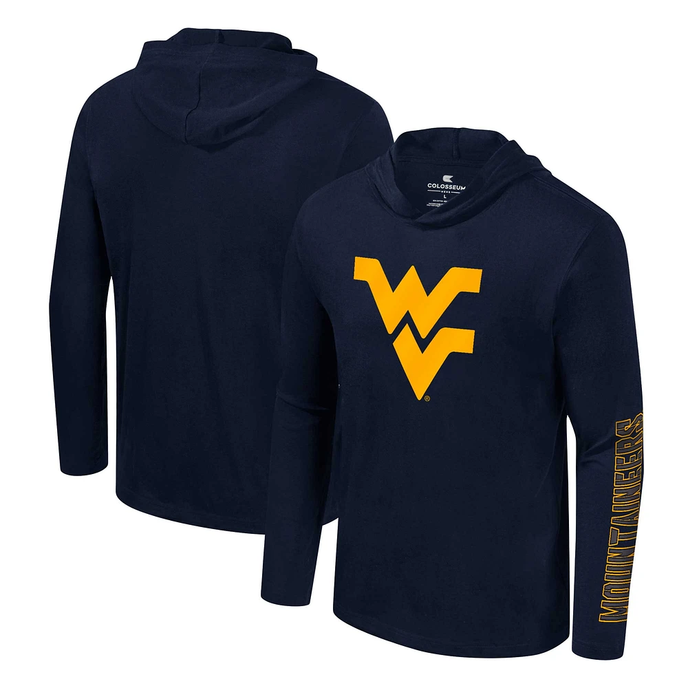 Men's Colosseum Navy West Virginia Mountaineers Color Pop Active Blend 2-Hit Long Sleeve Hooded T-Shirt