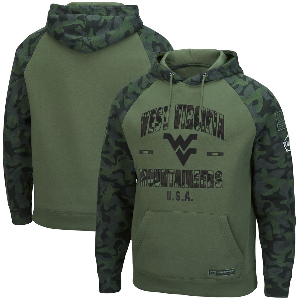 Men's Colosseum Olive/Camo West Virginia Mountaineers OHT Military Appreciation Raglan Pullover Hoodie