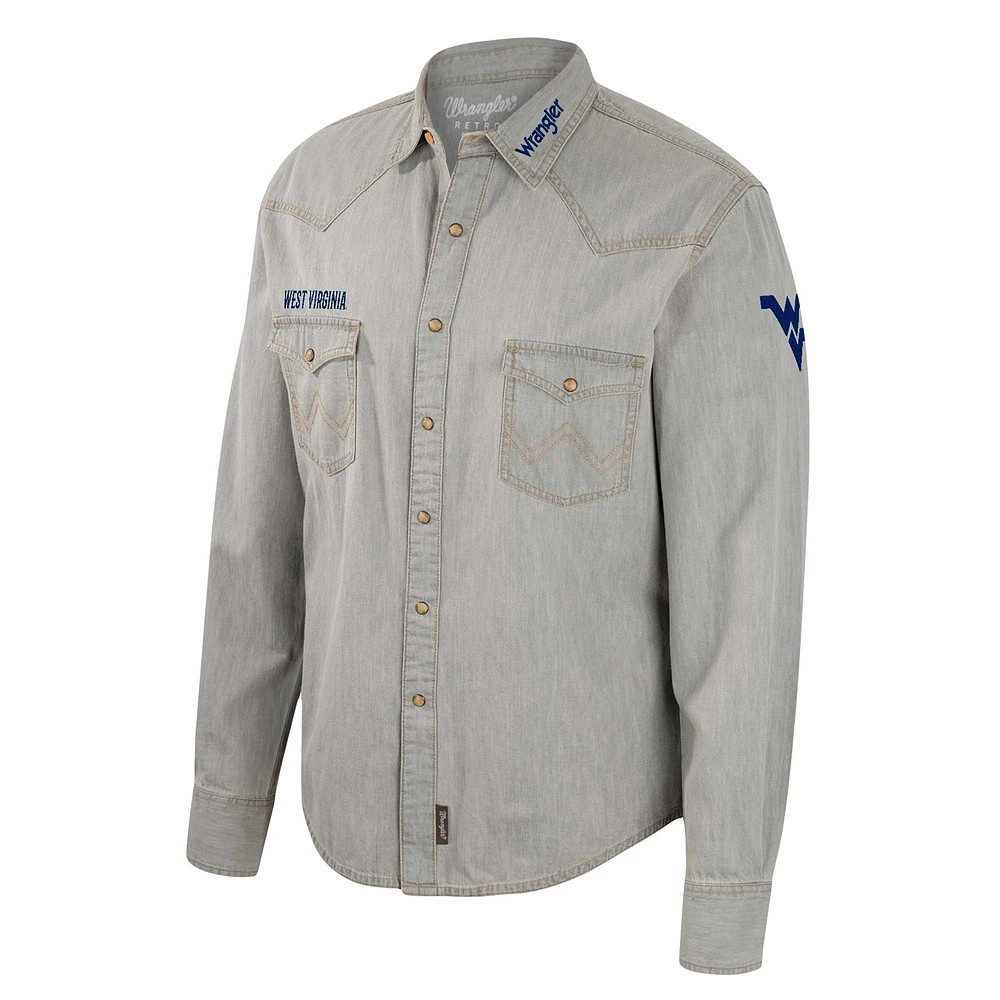 Chemise à manches longues Colosseum x Wrangler pour hommes, gris, West Virginia Mountaineers, coupe cowboy Western boutons-pression