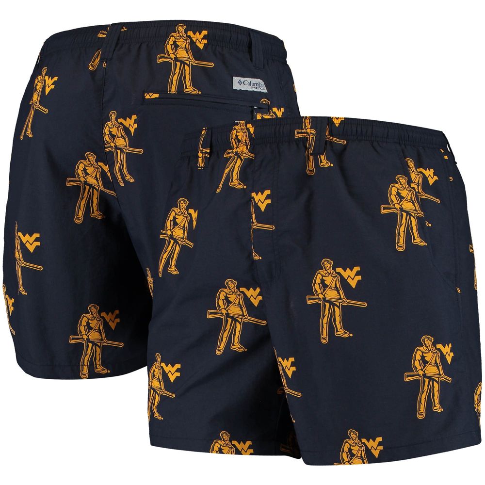 Men's Columbia Navy West Virginia Mountaineers PFG Backcast II Omni-Shade Hybrid Shorts