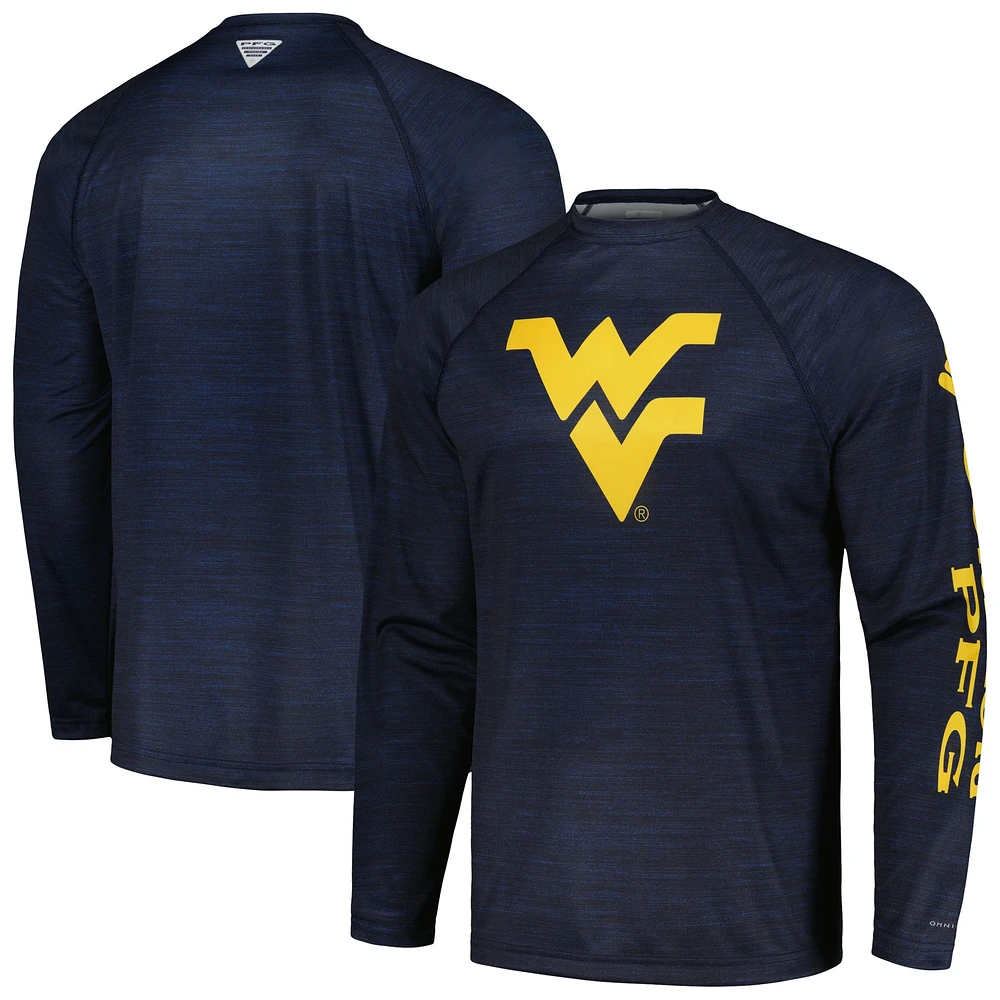 Columbia Navy West Virginia Mountaineers PFG Terminal Tackle Omni-Shade Raglan T-shirt à manches longues pour homme