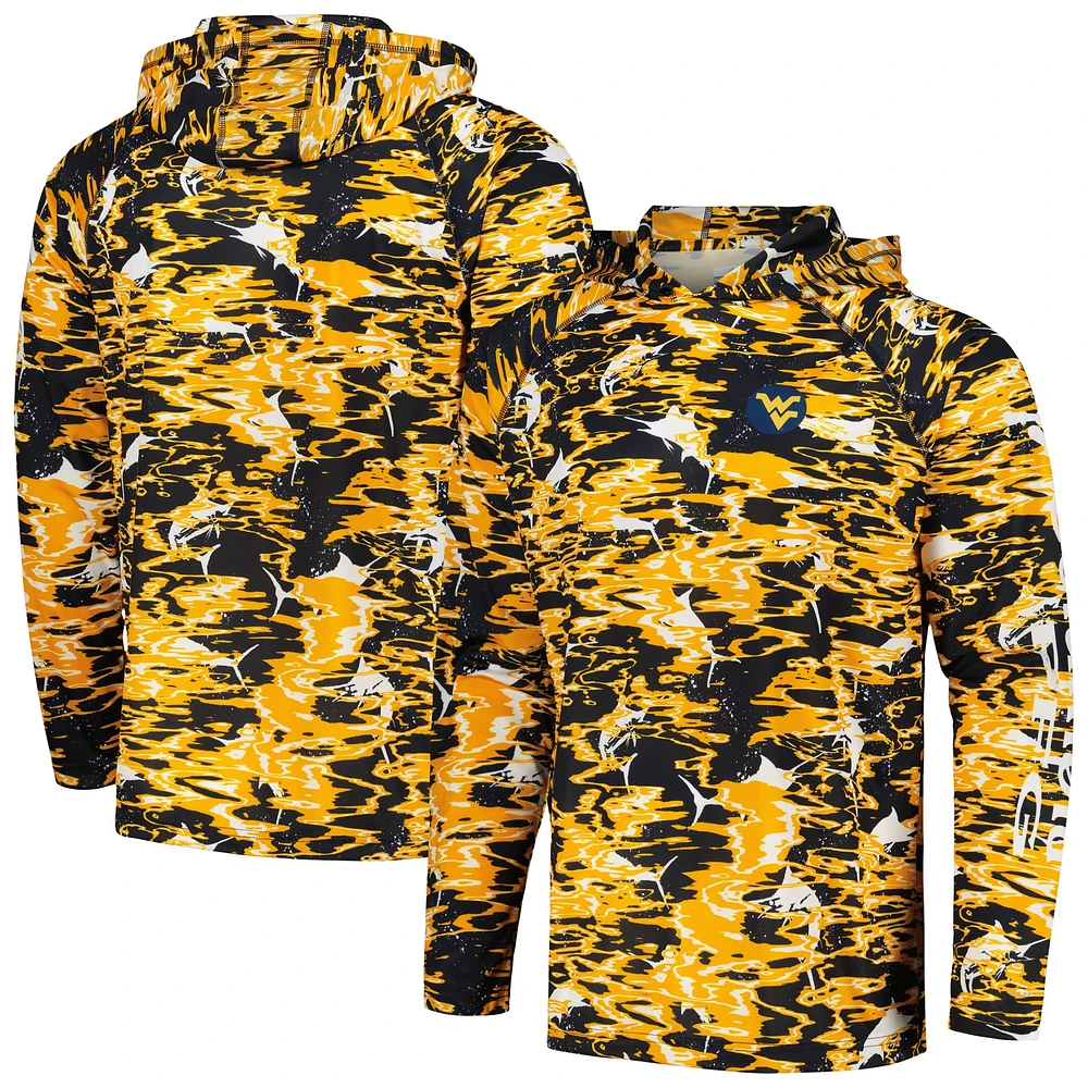 Columbia Navy West Virginia Mountaineers PFG Terminal Tackle Omni-Shade Rippled T-shirt à capuche manches longues pour homme