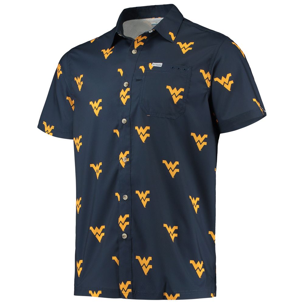 Men's Columbia Navy West Virginia Mountaineers Super Slack Tide Omni-Shade Button-Up Shirt