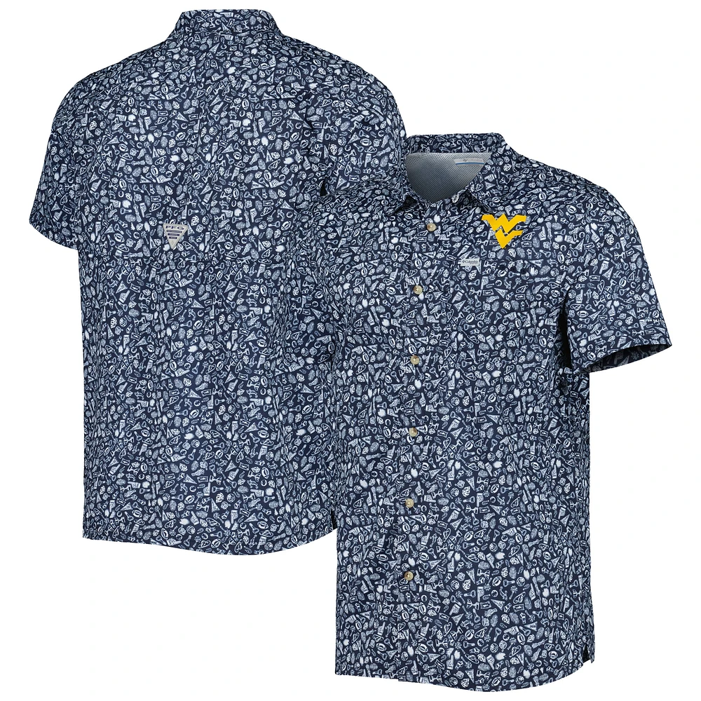 Chemise boutonnée pour homme Columbia Navy West Virginia Mountaineers Super Slack Tide Omni-Shade Team