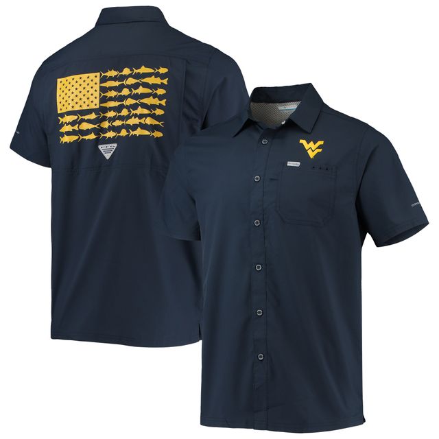 Chemise boutonnée Columbia PFG pour homme West Virginia Mountaineers Slack Tide Camp bleu marine