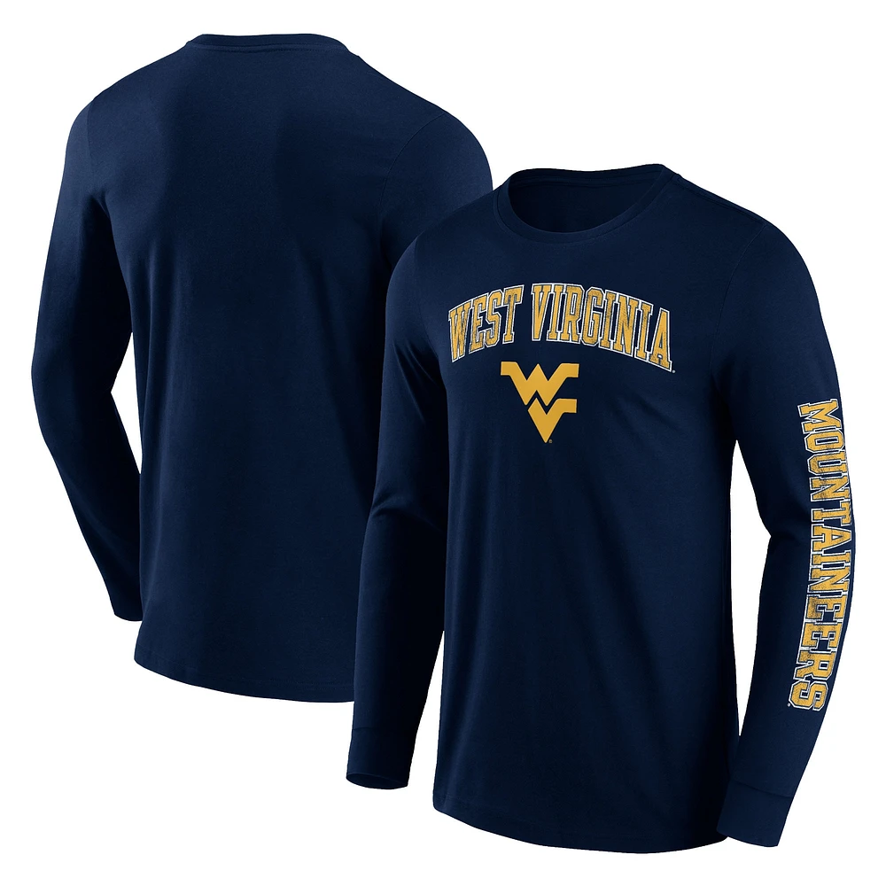 T-shirt à manches longues Fanatics Navy West Virginia Mountaineers pour hommes en détresse avec logo 2.0