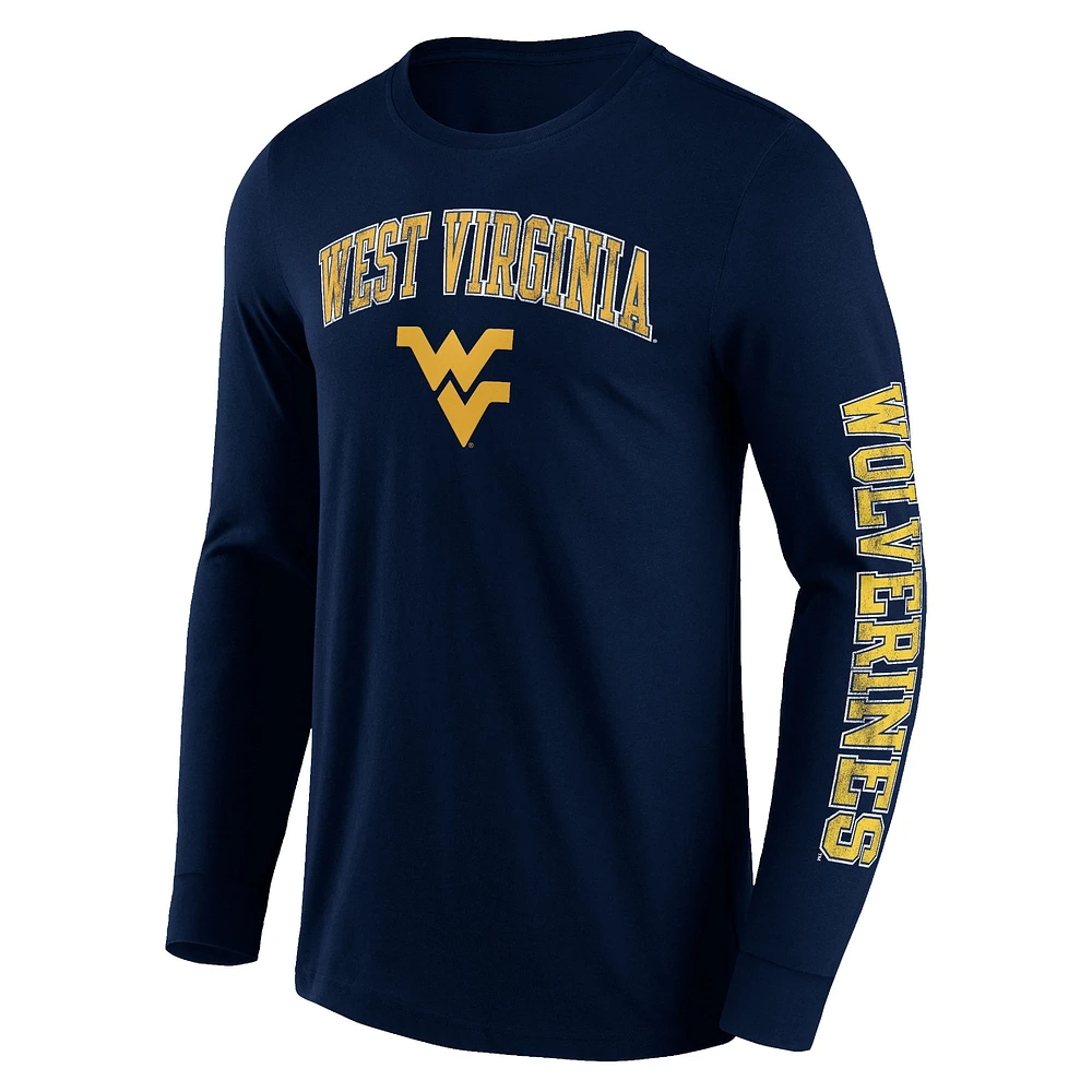 Men's Fanatics Navy West Virginia Mountaineers Distressed Arch Over Logo 2.0 Long Sleeve T-Shirt