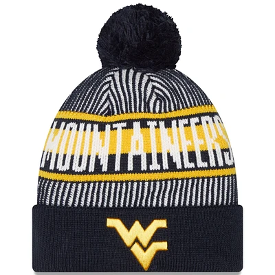 Men's New Era  Navy West Virginia Mountaineers Logo Striped Cuff Knit Hat with Pom