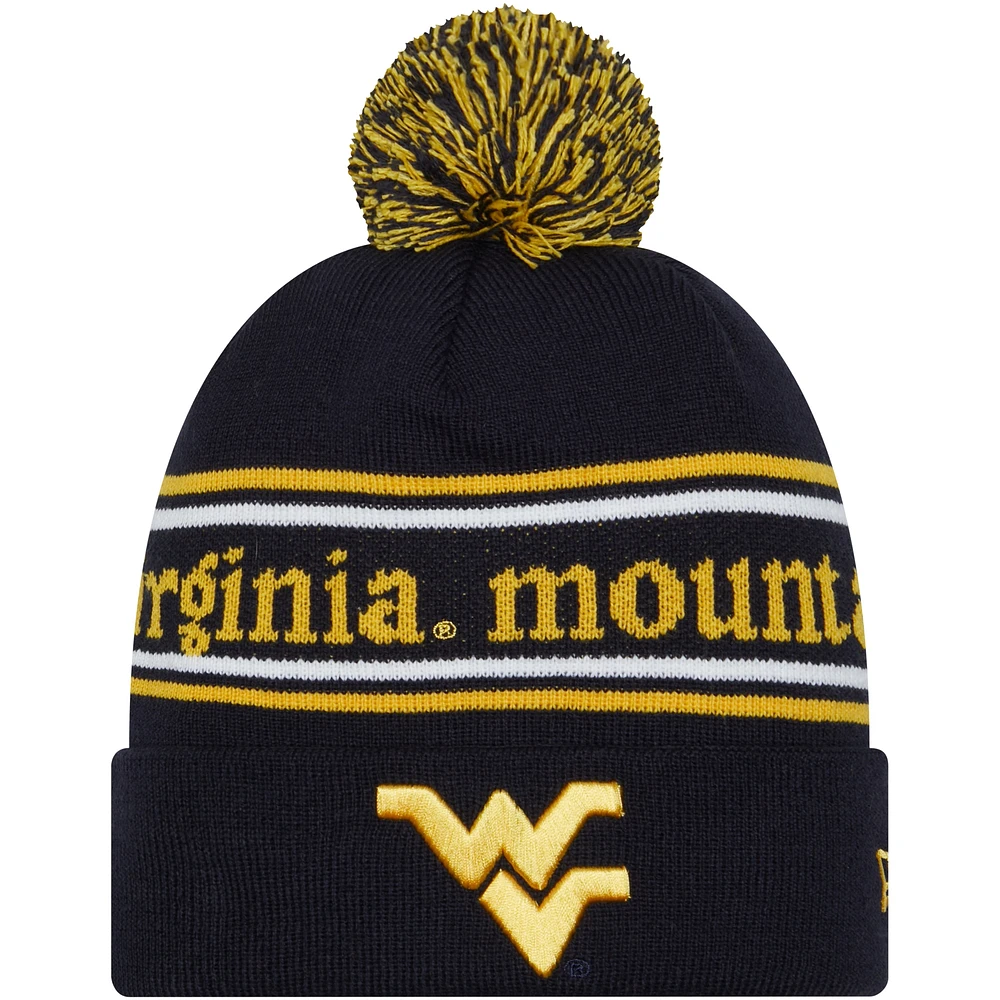 Bonnet en tricot à revers et pompon New Era pour hommes, bleu marine, West Virginia Mountaineers Marquee