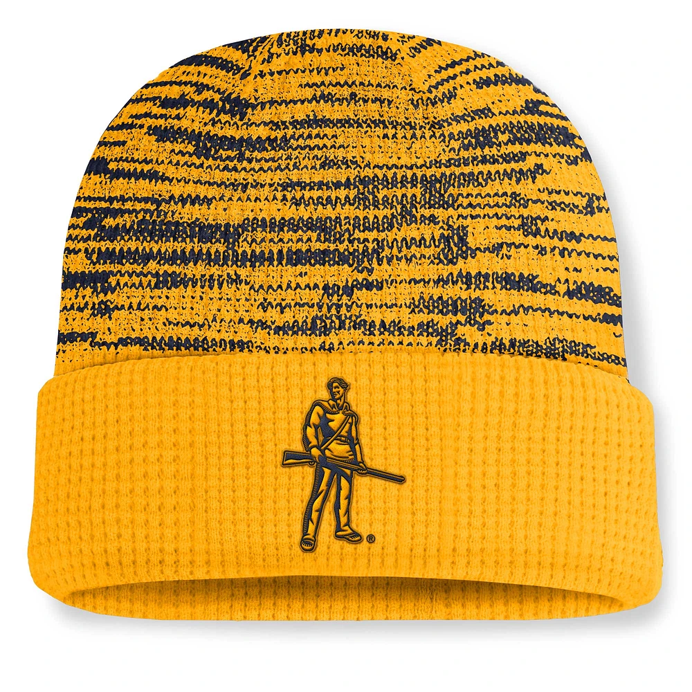 Bonnet en tricot à revers Nike Primetime Terra pour homme, couleur or/bleu marine, des West Virginia Mountaineers