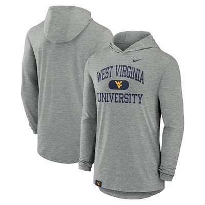 T-shirt à capuche Nike manches longues et logo tri-blend Performance Blitz des West Virginia Mountaineers pour homme, gris chiné