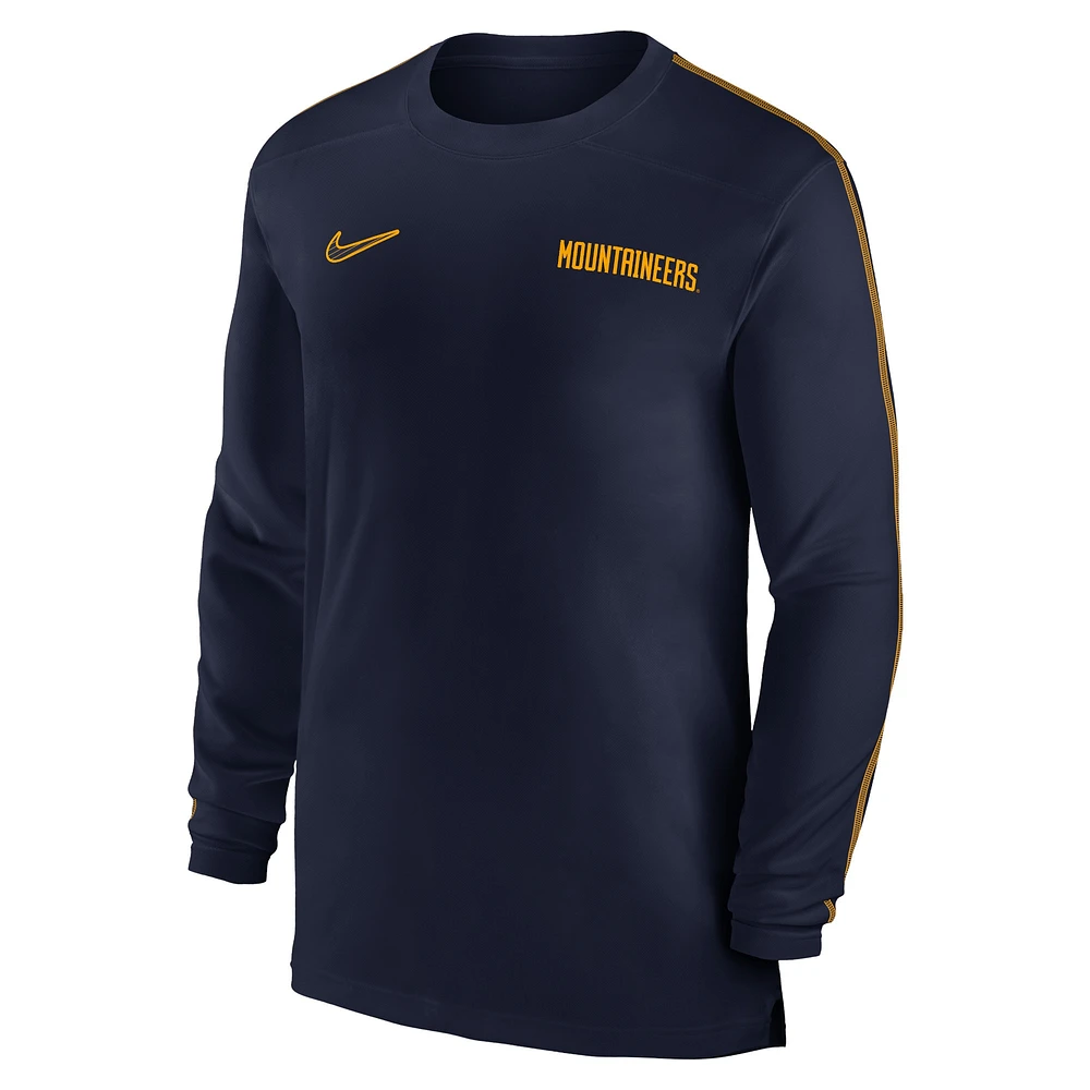 T-shirt à manches longues Nike bleu marine West Virginia Mountaineers 2024 Sideline Coach UV Performance pour homme