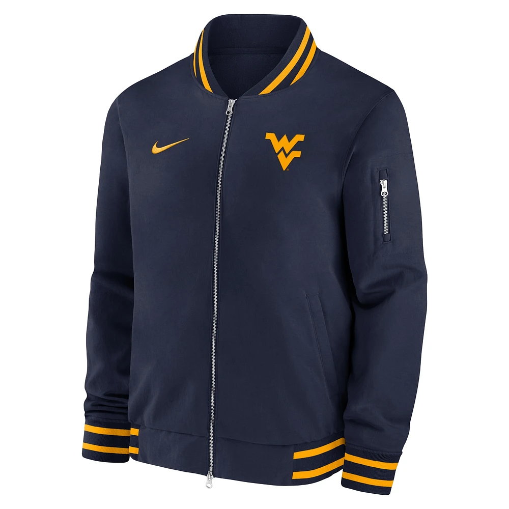 Veste aviateur entièrement zippée Nike bleu marine West Virginia Mountaineers 2024 Sideline pour homme