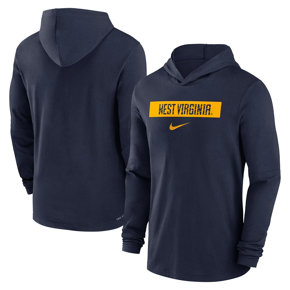 Men's Nike Navy West Virginia Mountaineers 2024 Sideline Hoodie Performance Long Sleeve T-Shirt