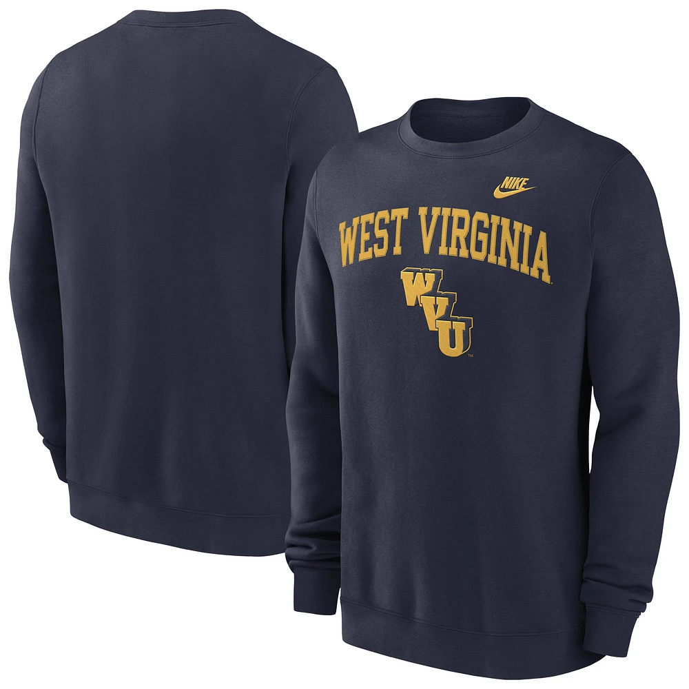 Men's Nike Navy West Virginia Mountaineers Legacy Classic Tackle Twill Embroidered Arch Over Logo Pullover Sweatshirt