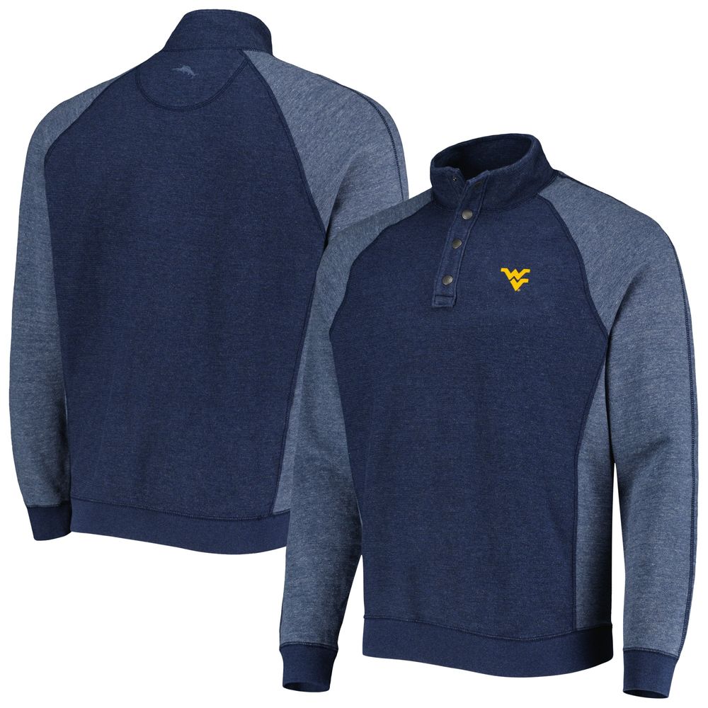 Men's Tommy Bahama Navy West Virginia Mountaineers Sport Scrimmage Snap Mock Neck Raglan Button-Up Jacket