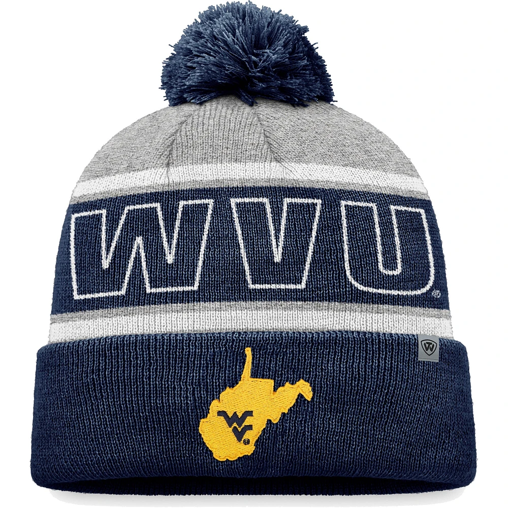 Bonnet en tricot à revers Top of the World Navy West Virginia Mountaineers pour homme avec pompon