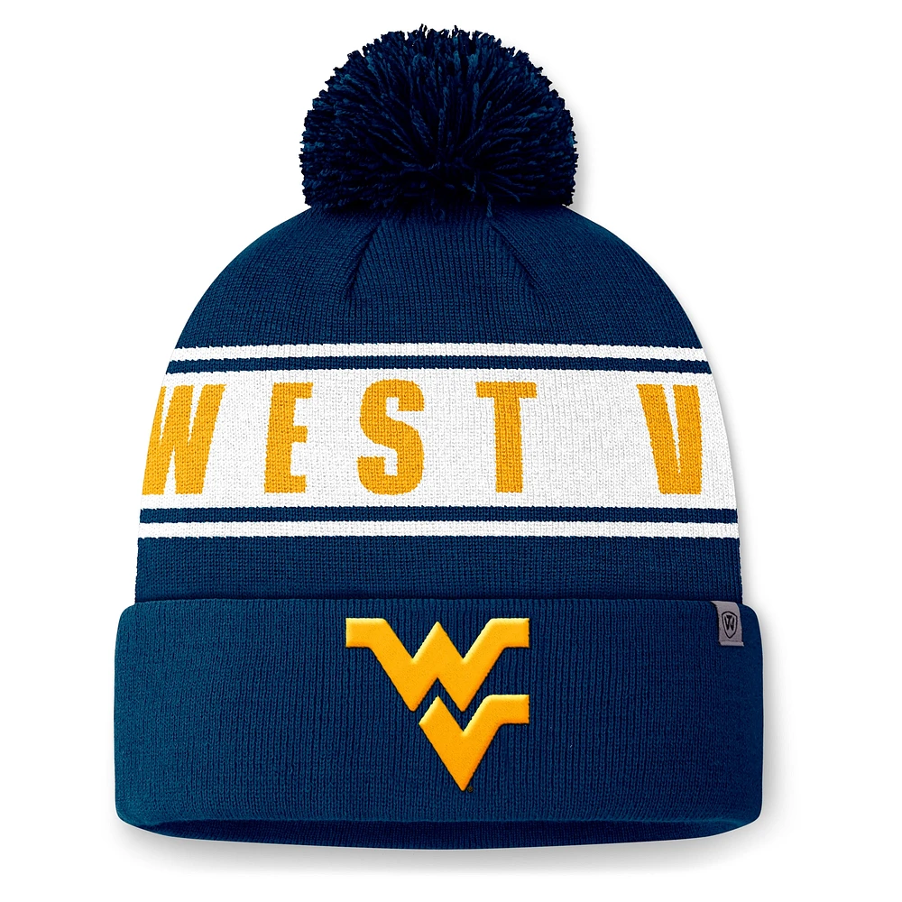 Bonnet en tricot à revers avec pompon Top of the World bleu marine des West Virginia Mountaineers pour homme