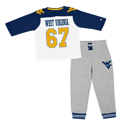 West Virginia Mountaineers Colosseum Toddler Jingtinglers Football V-Neck Jersey T-Shirt & Pants Set - Navy/Heather Gray